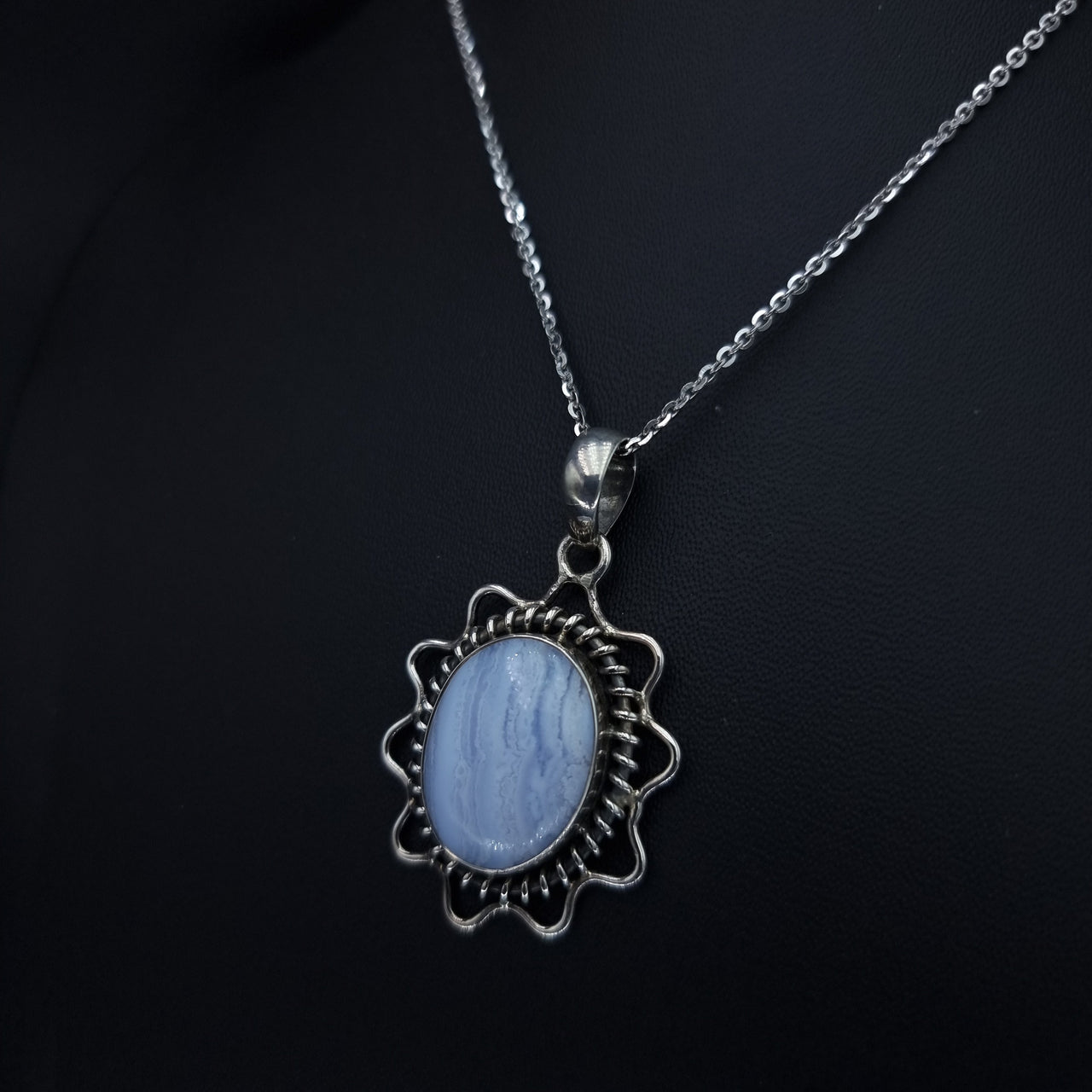Natural Blue Lace Agate Stone Necklace