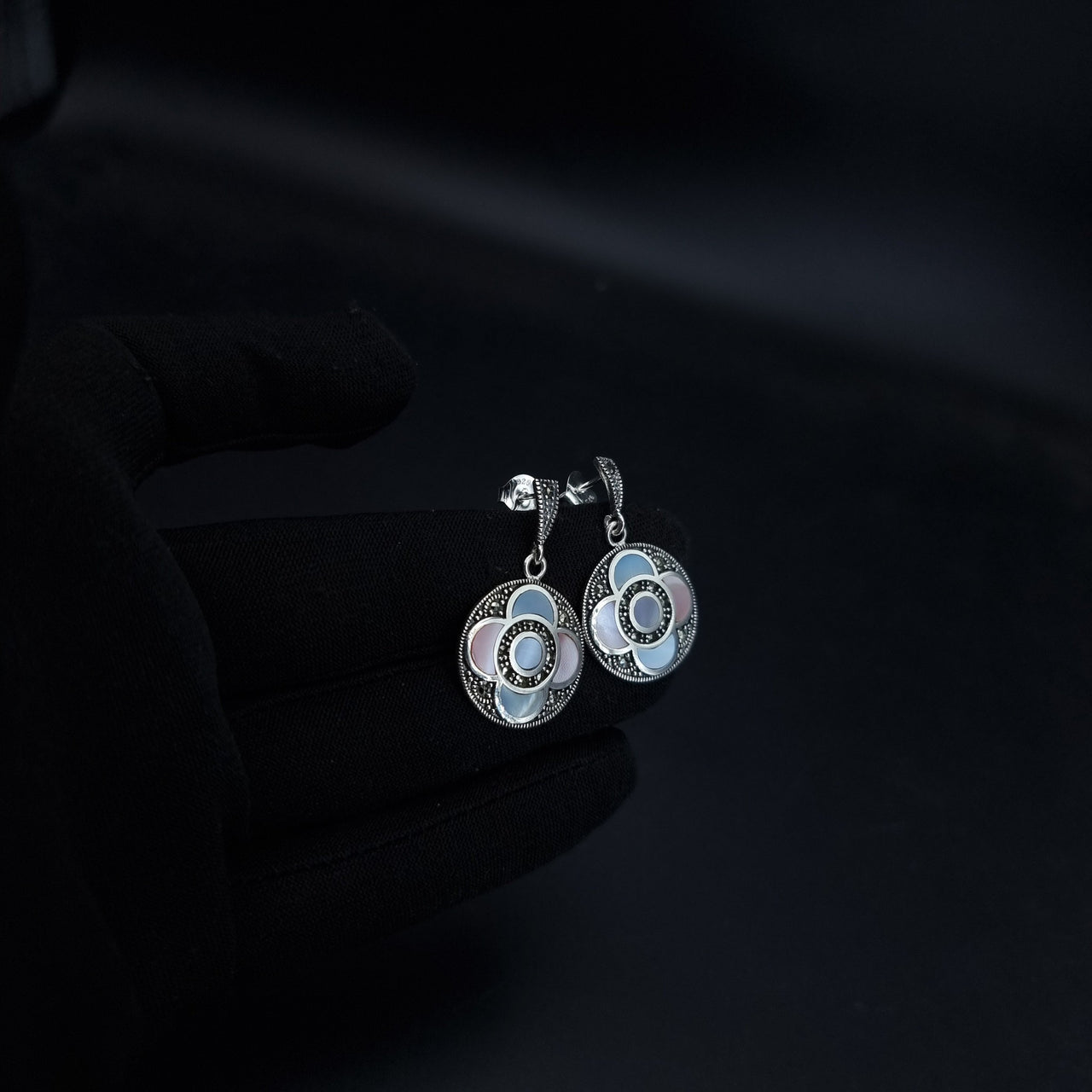 Colored Shell Marcasite Stud Earring