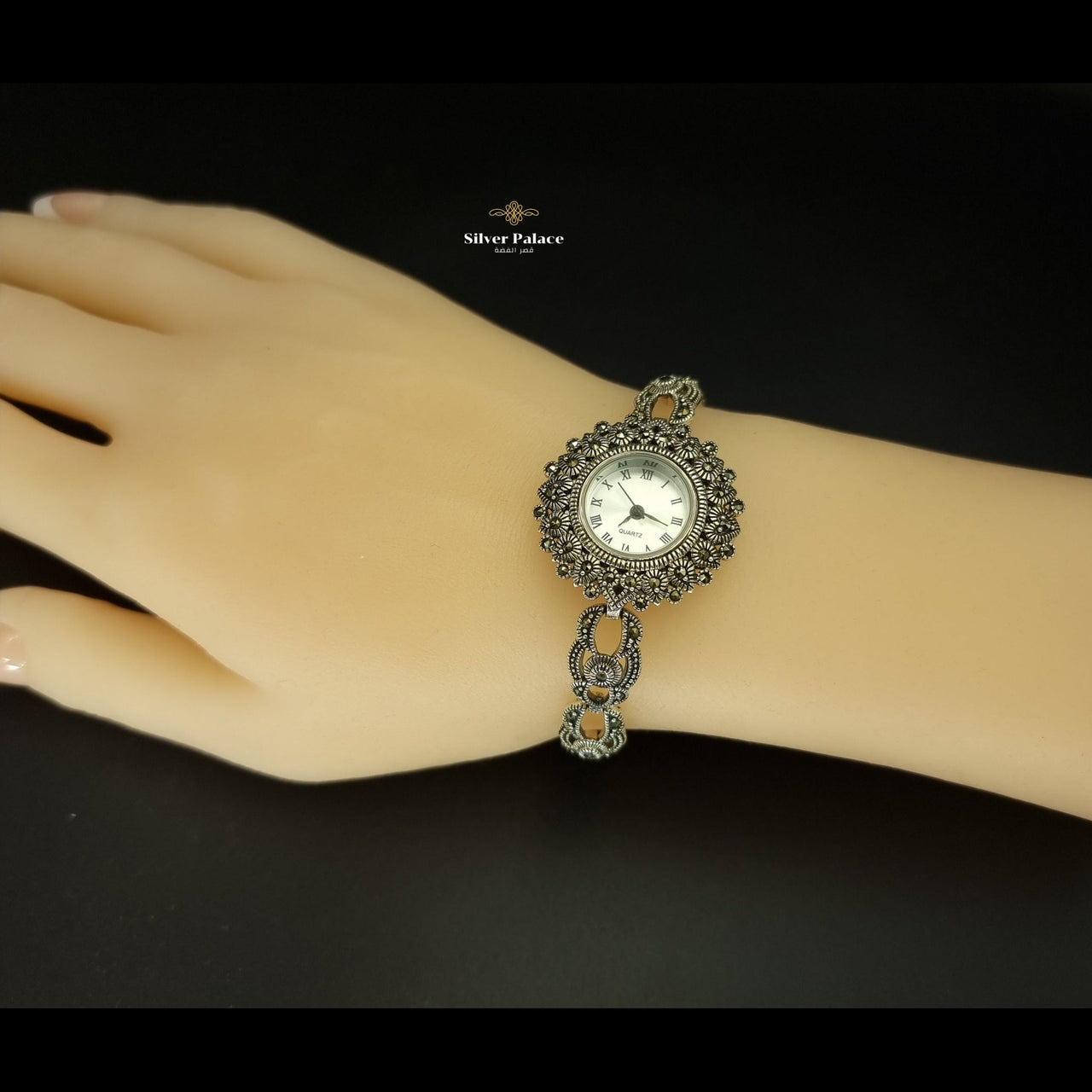 SLPW0003 - Marcasite 925 Silver Vintage Bracelet Watch For Women
